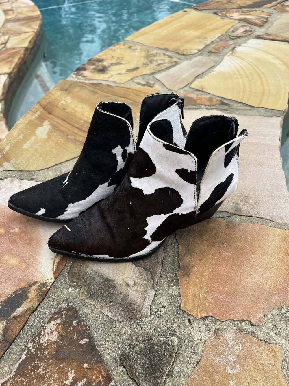 Cowhide Pointed Toe Ankle Boots - Black & White